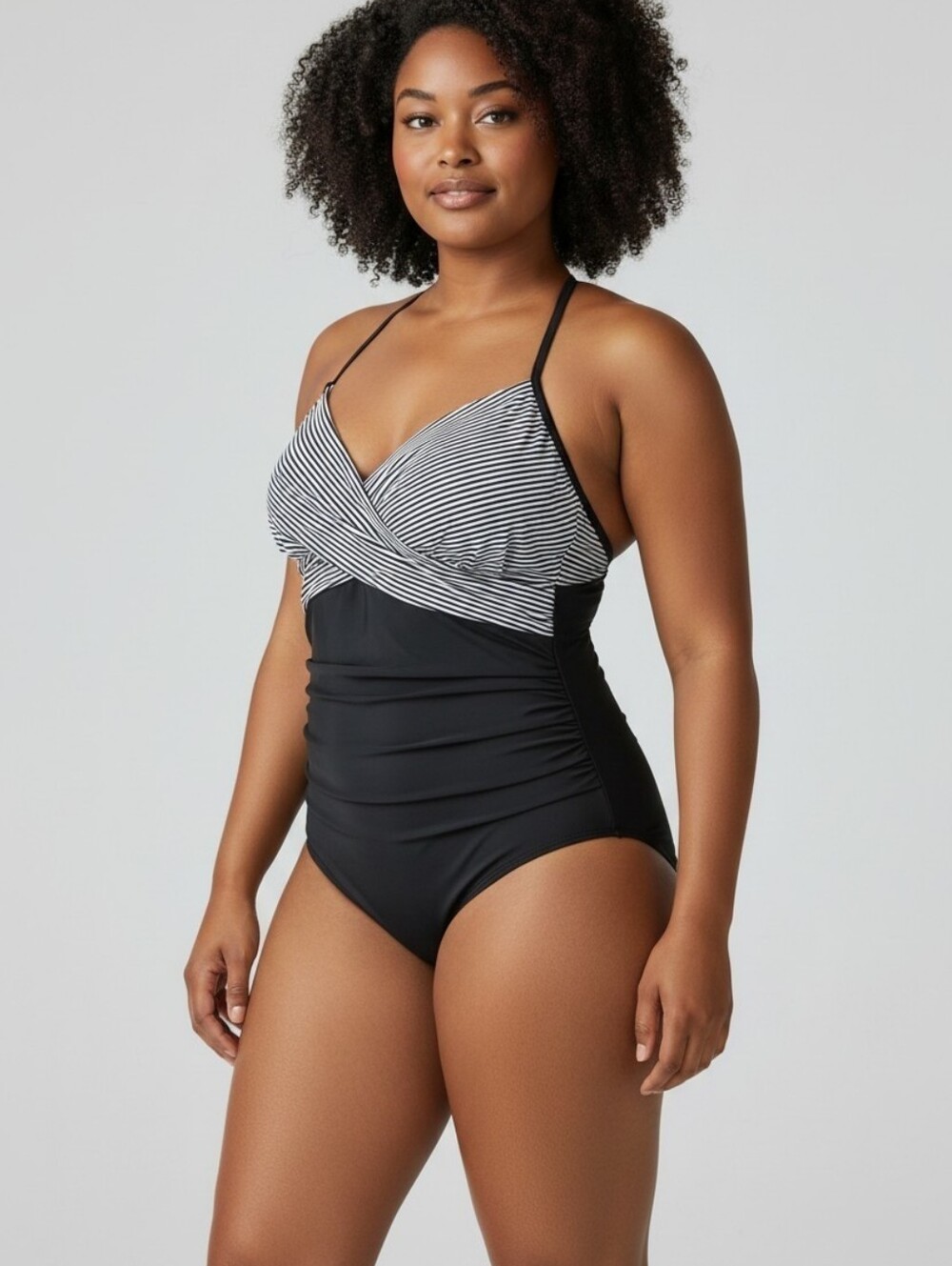 B2PRITY Women's One Piece Swimsuit Striped Black White Adjustable Strap XL